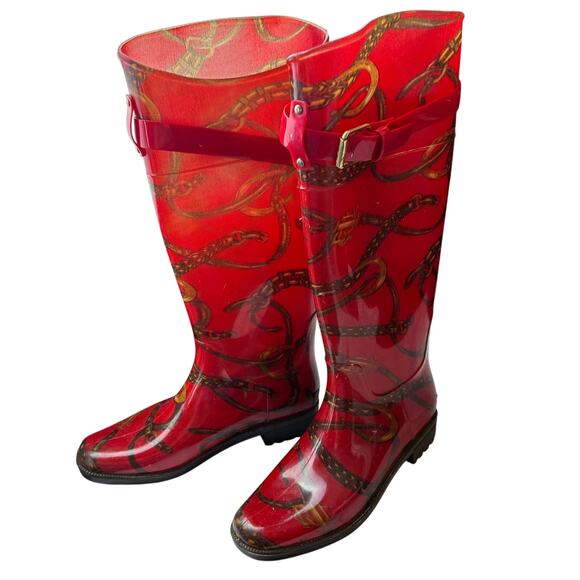 Ralph Lauren Rain Boots Wellies Rossalyn II Equestrian Red Chain Women's 6 Prep - Picture 1 of 6
